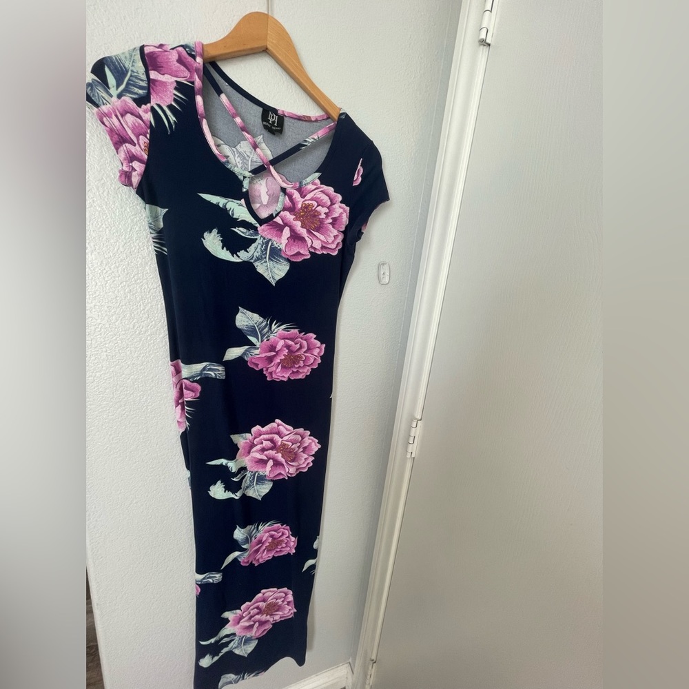 Derek Heart Blue Maxi Dress with Purple Flowers